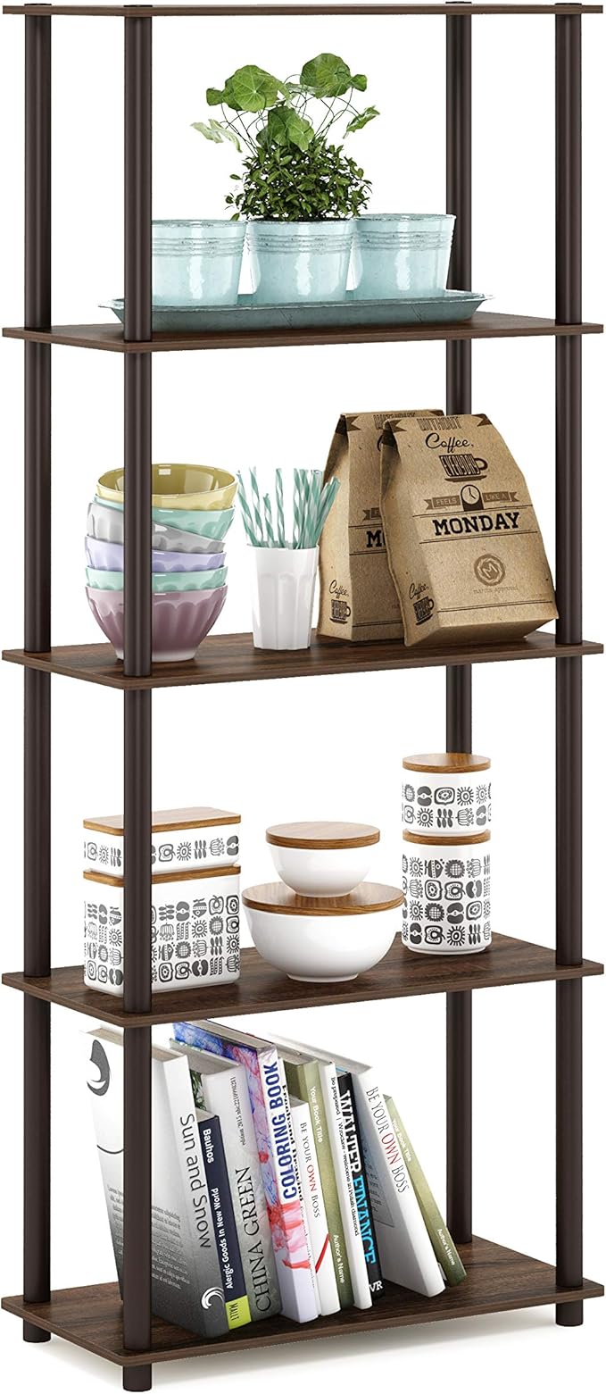 Furinno TURN-N-TUBE Storage Shelves, 5-Tier Book Shelf, Corner Shelf, Toolless Open Shelves, for Organization and Storage, Living Room, Garage, Home Office, Walnut