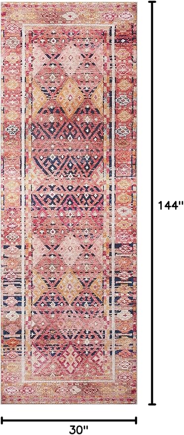Loloi Layla Collection LAY-15 Magenta/Multi 2'-6" x 12'-0" .13" Thick Runner Rug, Soft, Durable, Vintage Inspired, Distressed, Low Pile, Non-Shedding, Easy Clean, Printed, Living Room Rug