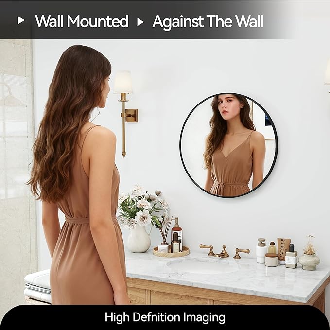 20" Round Mirror Circle Wall Mounted Hanging or Against Wall Metal Frame Dressing Make-up Mirrors for Entryway Bedroom Bathroom Living Room 20 inch Black