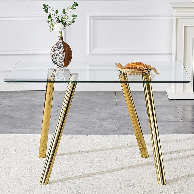 Modern Glass Dining Table for 6, 51.2" Rectangular Dining Table with Tempered Glass Top & Metal Legs, Gold Kitchen Table for Dinner Dining Room Living Room