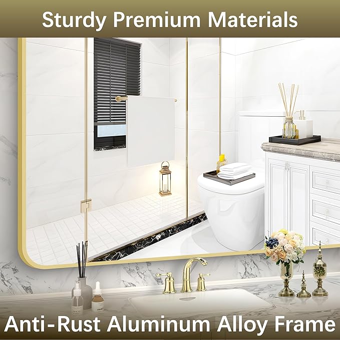 Arched Bathroom Mirror, 24"x36" Gold Arched Mirror for Bathroom, Wall Mounted Mirror, Gold Vanity Wall Mirror w/Metal Frame for Bedroom, Entryway, Living Room, Vertically Hanging