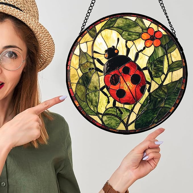Stained Glass Window Hanging - Red Ladybug Green Plant Flower Sun Catcher for Door Home Decor Insect Suncatcher Christmas Mother's Day Birthday Gifts for Women Men Mom Nana 9.8 in