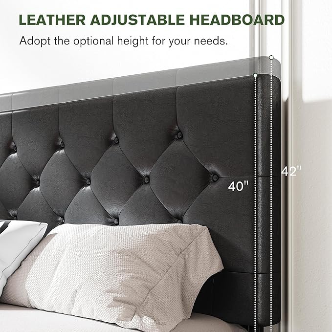MUTICOR Full Size Bed Frame with 4 Storage Drawers, Upholstered Platform Bed with Button Tufted Adjustable Headboard, No Box Spring Needed, Easy Assembly, Diamond Tufted, Black Leather
