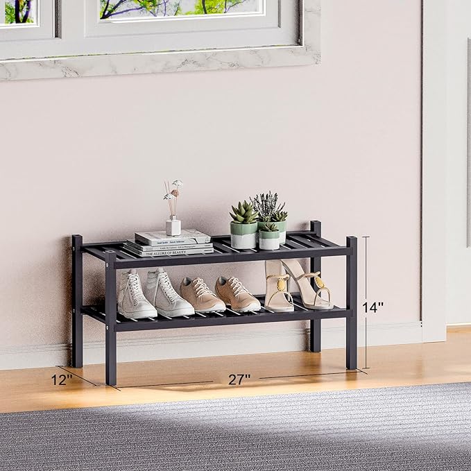 2 Tier (Thick) Bamboo Shoe Rack for Closet Free Standing Wood Shoe Shelf for Entryway Small Space Stackable 27"x12"x14" (Black)