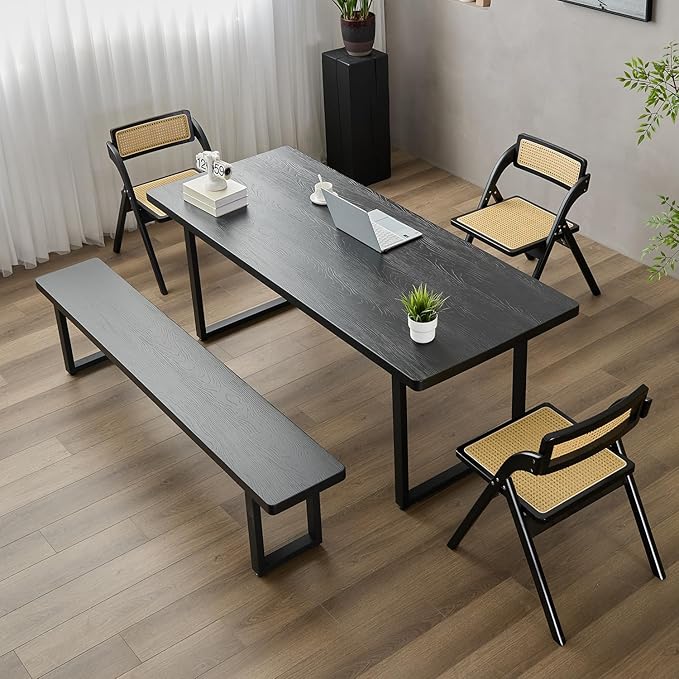 Modern Solid Wood Dining Table with Metal Base Stylish Durable Dining Room Table in Black Multiple Sizes Home Use Office Desk(70.87in)