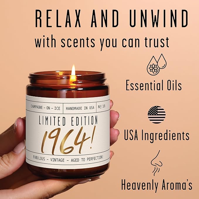 61st Birthday Gifts for Women - 'Limited Edition 1964' Soy Candle, w/Champagne on Ice I 61 Birthday Gifts for Women I 61st Gift for Her Ideas I 9oz Reusable Jar, 50Hr Burn, Made in USA