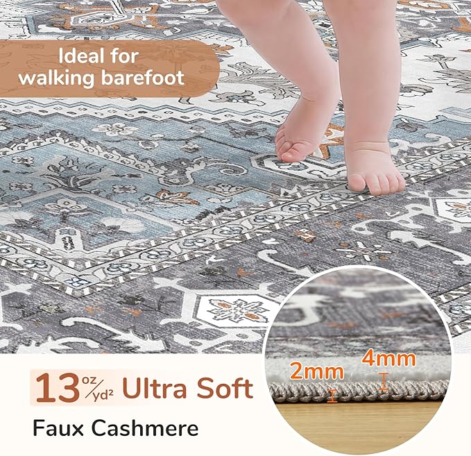 OPPODREAM Thin 10x14 Area Rugs, Washable Rugs 10x14 with Non Slip Backing, Low-Pile Faux Cashmere 10 x 14 Carpet, Grey & Teal & Yellow