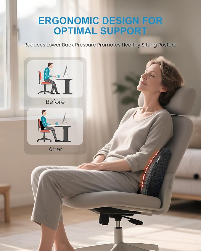Beleduc Lumbar Support Pillow for Office Chair - Heated Back Support Pillow with Vibration Massage, Ergonomic Back Massager for Chair, Adjustable Vibration, 2 Heat Levels, Gifts