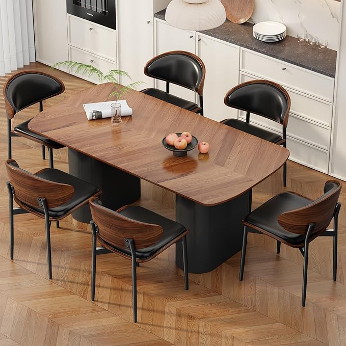 Dining Chairs Set of 8, Mid-Century Modern Upholstered PU Leather Chairs with Walnut Bentwood Back and Metal Legs Adjustable Feet for Kitchen Dining Room, Black PU