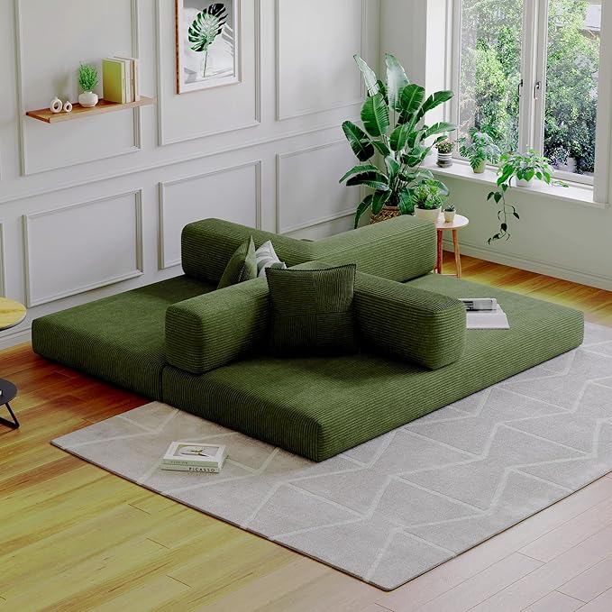 98.4''Convertible Sleeper Sofa Bed,Compressed Floor Boneless Couch,Modular Modern Corduroy Sofa for Living Room Bedroom -with Fixed-Shape Frame and Support Armrest,Easy Assembly(Green)