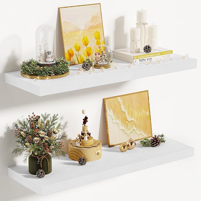 Vivelove 10 in Deep Floating Shelves for Wall, 24" x 10.2" x 1.5" Shelves for Room Wall Mounted, 1.5 Inch Thick Shelf for Bathroom Bedroom Kitchen Book Room, Modern Farmhouse Decor, Set of 2, White