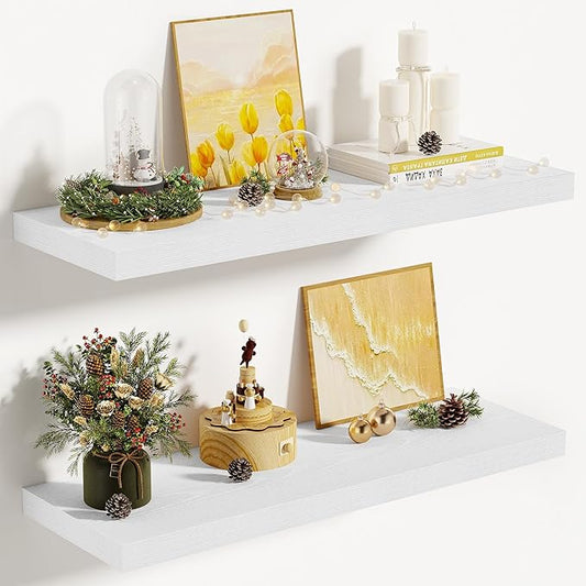 Vivelove 10 in Deep Floating Shelves for Wall, 24" x 10.2" x 1.5" Shelves for Room Wall Mounted, 1.5 Inch Thick Shelf for Bathroom Bedroom Kitchen Book Room, Modern Farmhouse Decor, Set of 2, White