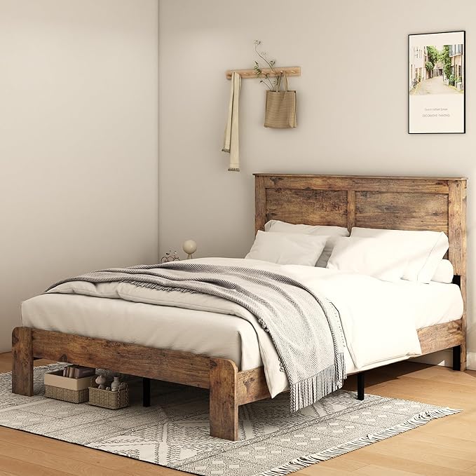 Full Size Bed Frame, Rustic Vintage Platform Bed Frame with Wood Headboard and Footboard, 12 Wood Slats Support, No Box Spring Needed (Dark Brown, Full)