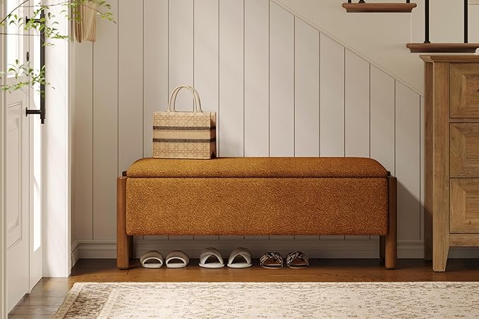 Modern Storage Benches with Walnut Wood Legs, 47'' Ottoman Bench with 20 Gallons Storage Space for Bedroom End of Bed, Fabric Upholstered Entryway Bench with Seating for Livingroom, Orange