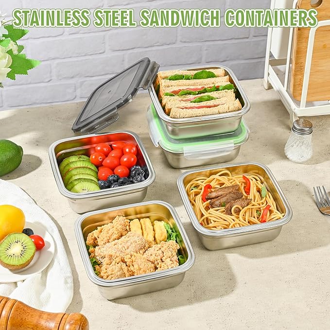 2 Pack 24oz Stainless Steel Sandwich Containers with Airtight Leak-Proof Lids, Reusable Metal Lunch Boxes for Meal Prep, Bento, Snack, Travel & Family, BPA-Free Dishwasher Safe (Green, Black)