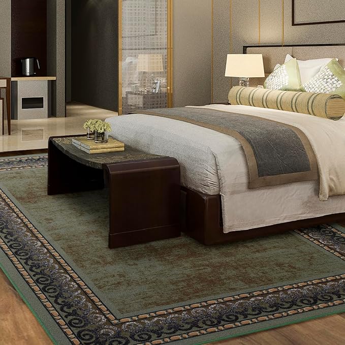 Antep Rugs Alfombras Bordered Modern 4x6 Non-Slip (Non-Skid) Low Pile Rubber Backing Indoor Area Rug (Green, 4' x 5'8")