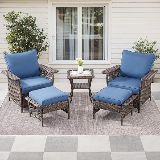 5 Pieces Wicker Patio Furniture Set - Hollow Widen Armrests Outdoor Rattan Chairs with Ottomans and Side Table, Small Patio Convention Set for Balcony Porch Deck and Yard - Brown/Blue