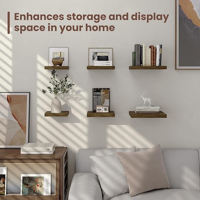 Fun Memories Square Floating Shelves for Wall - 9.3 Inch Deep Floating Shelves with Invisible Brackets, Brown Small Wall Shelf for Living Room, Bathroom, Bedroom, and Kitchen Decor，Set of 4