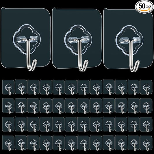 Adhesive Wall Hooks for Hanging, 50 Pack Heavy Duty Stainless Self Sticky Hooks, Waterproof and Rustproof Clear Self Adhesive Utility Hooks for Bathroom Kitchen Office Outdoor Inside Wardrobe Towel