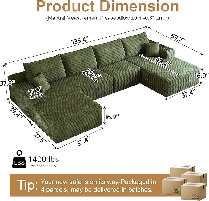 136" Sectional Couches for Living Room Modern Modular Sofa with L-Shape Couchs Upholstered Boneless Couch Deep Seat Sectional Couch with Chaise (Green, Right Facing Chaise+3Seaters+Ottoman)
