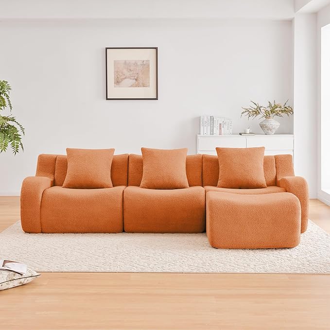 Orange L-Shaped Cloud Couch with 1 Ottoman, Modern Teddy Fabric Boneless Sectional Sofa in a Box, Modular Floor Sofa for Living Room, Deep Seat, No Assembly Required, Sofas para Sala