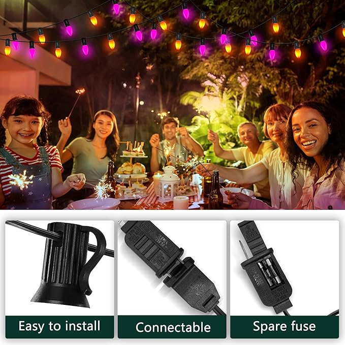 Halloween Purple Orange String Lights Outdoor 25Ft, 25 C7 LED Purple Orange Bulbs with 2 Spare, Connectable Waterproof Patio Porch Yard Fence Pathway Lights for Haunted House Party Decorations