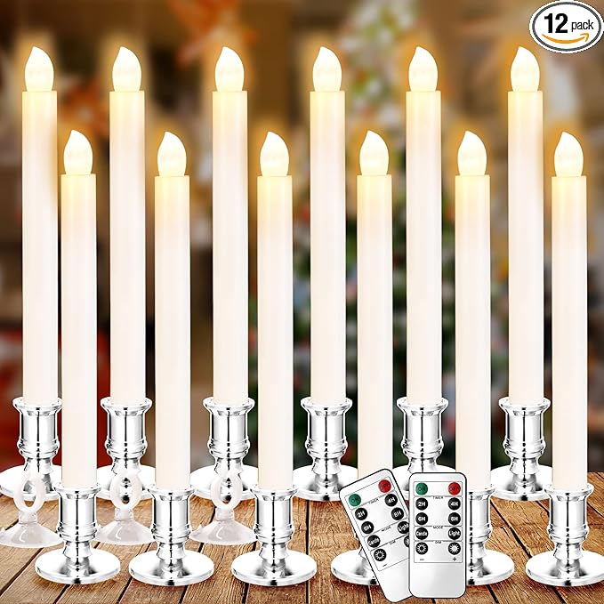 YAUNGEL Window Candles, 12 Pack LED Battery Operated Christmas Candles for Windows with Remote Electric Candle Lights with Removable Candle Holders Suction Cups for Christmas Decorations, Silver