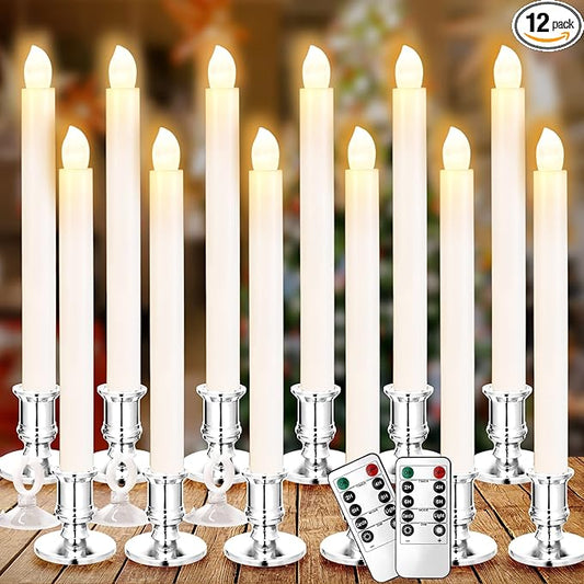 YAUNGEL Window Candles, 12 Pack LED Battery Operated Christmas Candles for Windows with Remote Electric Candle Lights with Removable Candle Holders Suction Cups for Christmas Decorations, Silver