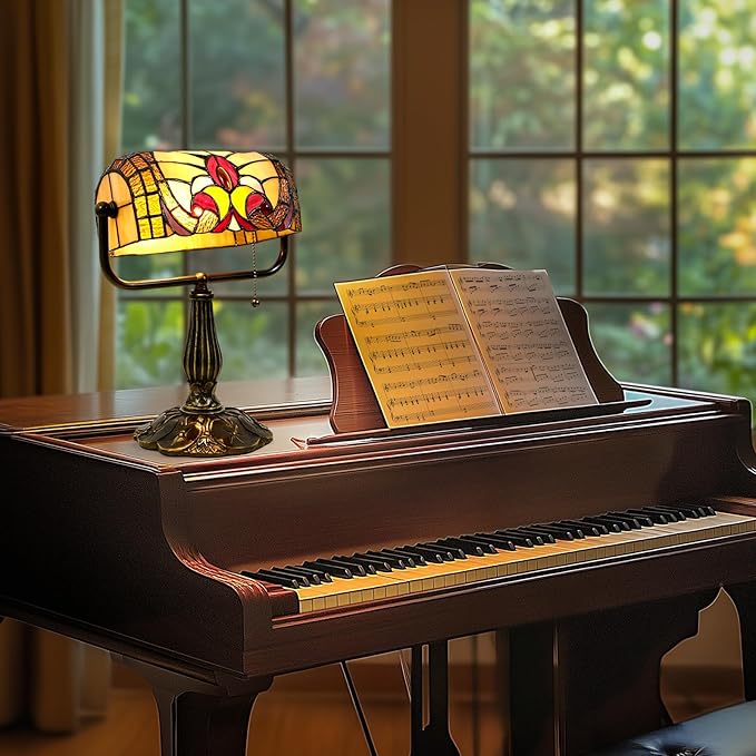 Tiffany Style Bankers Lamp - Stained Glass Desk Lamps with Baroque Design & Pull Chain, Vintage Table Lamp Bankers Desk Light for Office Bedroom Nightstand Living Room LED Bulb Included