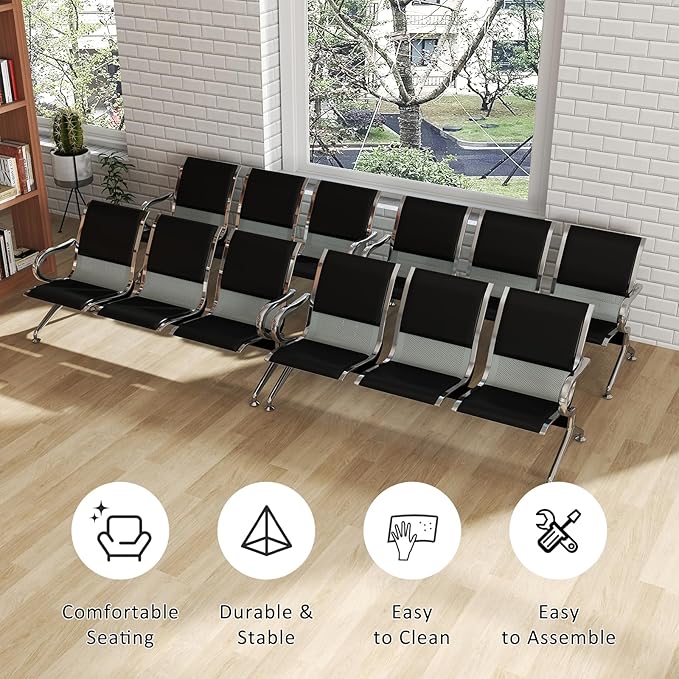 Kinfant 3-Seat Waiting Room Bench Set- PU Leather Office Chair Guest Reception Waiting Room Chair for Airport, Hospital, Bank, Salon, Barbershop, Black(Set of 4)