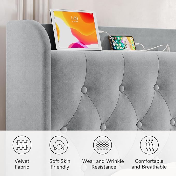 koorlian Full Size Bed Frame, Full Bed Frame with Headboard, Adjustable Velvet Upholstered Bed Frame with Type-C&USB Port, Wingback Storage Headboard, Solid Wood Slats Support, Noiseless, Light Gray