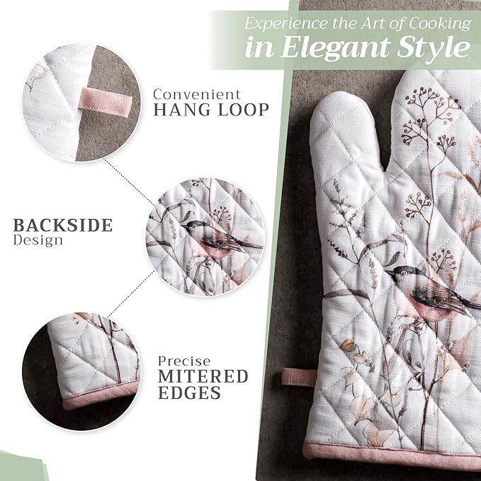 Maison d' Hermine Oven Gloves 100% Cotton Oven Mitt 7" x 13" with Loop Heat Resistant, BBQ, Cooking Gloves, Grilling, Kitchen, Handling Hot Pans Spring/Summer (Pack of 1, Meadow Florals - Brown)