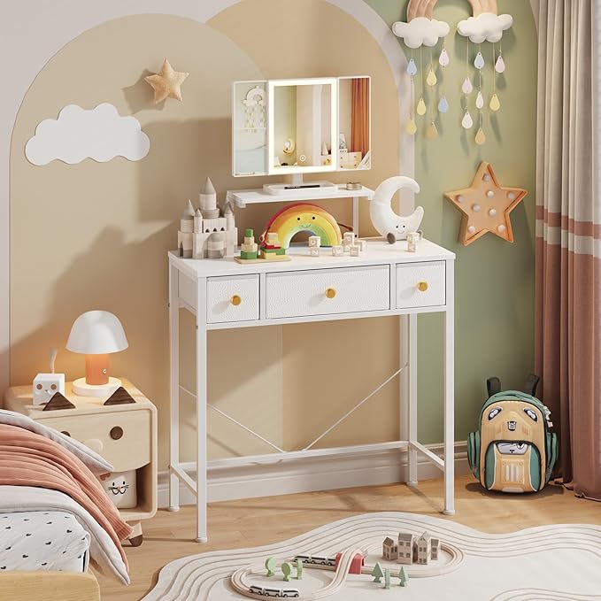 Small Makeup Vanity Desk 27.5''W with Mirror and Lights, Vanity Desk with 3 Fabric Drawers and Height-Adjustable Stand, Vanity Table for Girls Gifts, Bedroom and Small Spaces, White