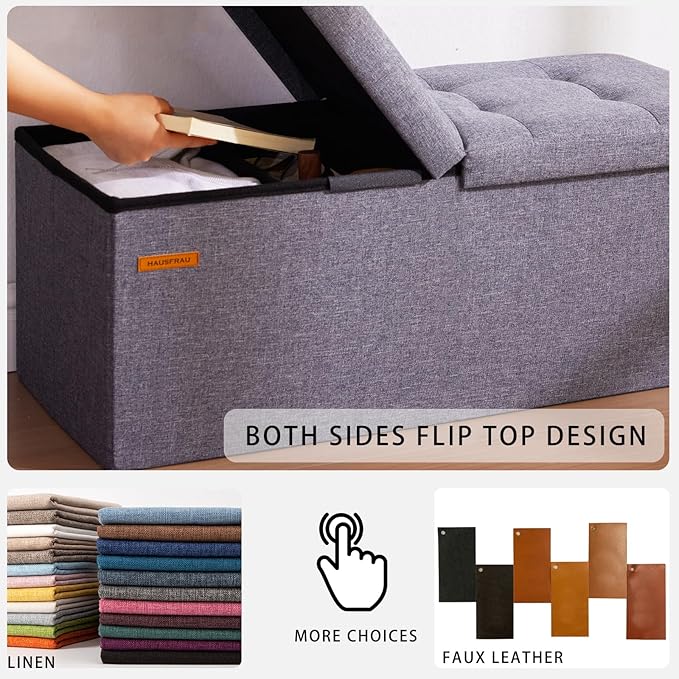 HAUSFRAU 31.5 Inches Ottoman with Storage Bench, Folding Ottoman Bench Small Foot Rest Stool, Bedroom Bench with Flipping Lid, Linen Dark Gray