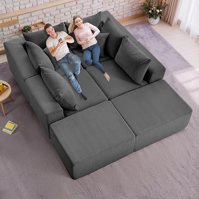 Oversize 131” Boneless Couch for Living Room, Comfort U Shaped Cloud Couch Sectional, Extra Deep Seats Corduroy Modular Sectional Sofa No Assembly,Grey