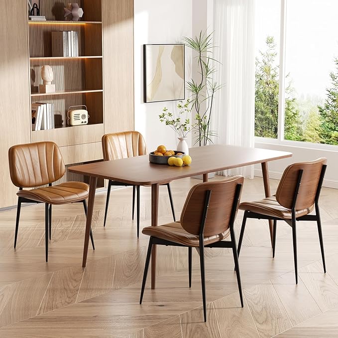 Dining Chairs Set of 6, Mid Century Modern Dining Room Chairs, Upholstered Faux Leather Kitchen Chairs with Walnut Bentwood Back and Metal Legs, Brown