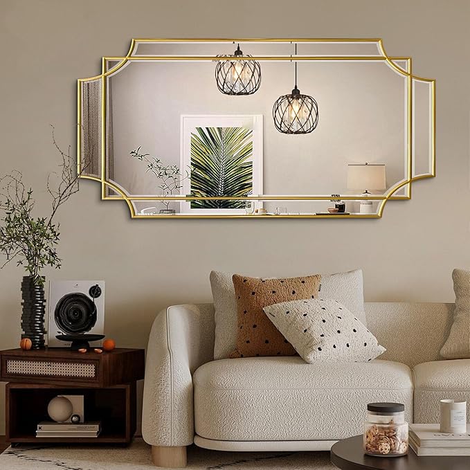 Gold Beveled Mirror, 24"x47.2" Bathroom Mirrors for Over Sink, Large Rectangle Vanity Mirror, Modern Elegant Decorative Mirrors for Living Room Bedroom Fireplace Entryway Hallway