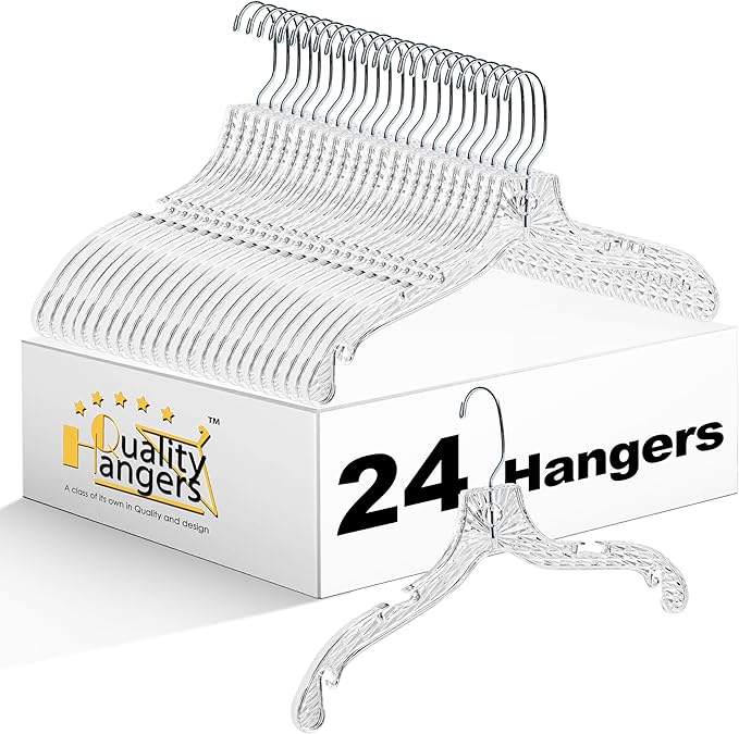 Quality Hangers 24 Pack Clear Plastic Hangers with Super Easy 360 Degree Swivel Hook – Shirt Hangers with Precision Notches for Secure Hanging – Slim Crystal Coat Hangers – 17 Inches (24, 17")