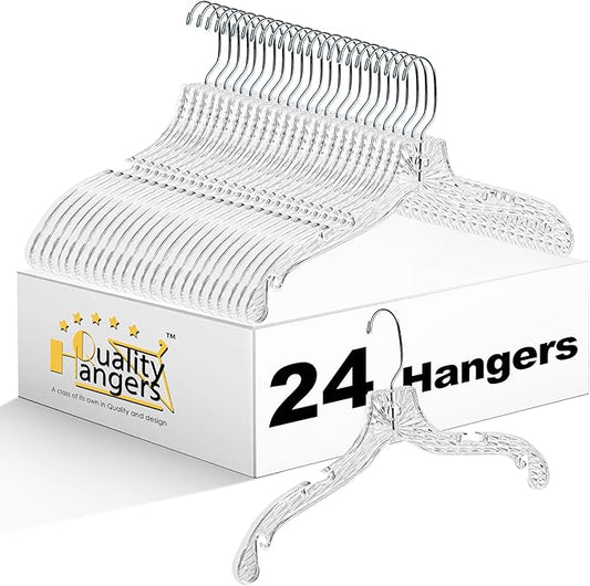 Quality Hangers 24 Pack Clear Plastic Hangers with Super Easy 360 Degree Swivel Hook – Shirt Hangers with Precision Notches for Secure Hanging – Slim Crystal Coat Hangers – 17 Inches (24, 17")