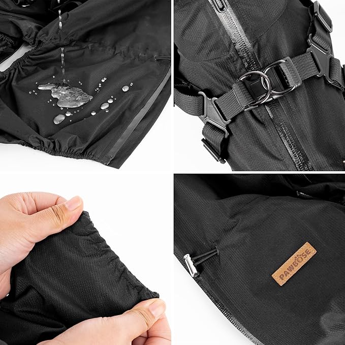 Dog Raincoat with Harness for Small and Medium Dogs, Adjustable Waterproof Dog Rain Jacket,Reflective Rainproof Puppy 4 Legs Raincoat-Black,L