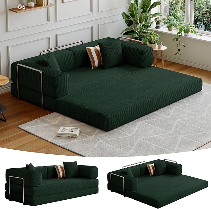 78.8''Convertible Sleeper Sofa Bed,Compressed Floor Boneless Couch,Modular Modern Corduroy Sofa for Living Room Bedroom -with Fixed-Shape Frame and Support Armrest,Easy Assembly(Dark Green)