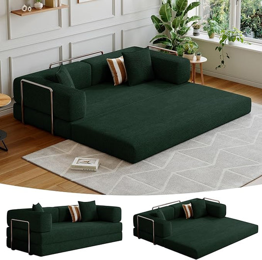 78.8''Convertible Sleeper Sofa Bed,Compressed Floor Boneless Couch,Modular Modern Corduroy Sofa for Living Room Bedroom -with Fixed-Shape Frame and Support Armrest,Easy Assembly(Dark Green)