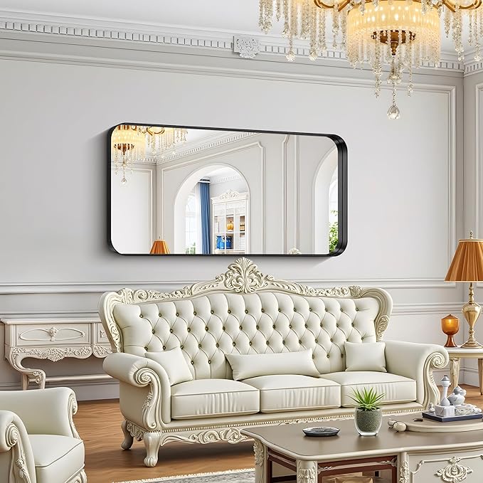 FORBATH 60x30 Inch Large Bathroom Mirror for Double Sinks, Brushed Black Deep Frame Wall Mirror with Rounded Corners, Anti-Rust Tempered Glass for Modern Farmhouse Vanity (Horizontal/Vertical)