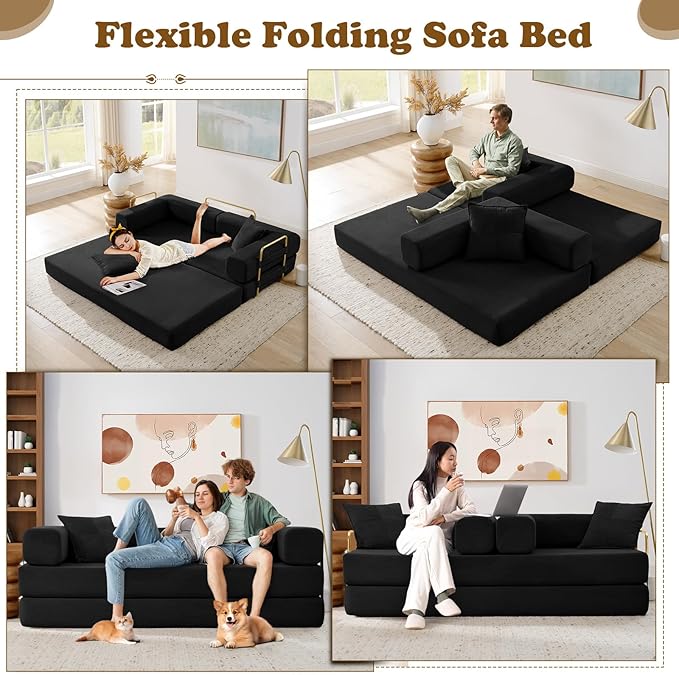 Antetek Convertible Futon Sofa Bed, 3-Seater Modern Corduroy Foam Floor King Size Bed Fold Out Sleeper Lounge Loveseat Sofa Couch with 2 Throw Pillows for Living Room Bedroom Guest Room, Black