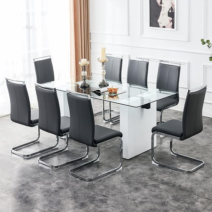 Modern Glass Dining Table for 6-8, Rectangular Glass Kitchen Table with Tempered Glass Tabletop and and Large White Table Legs for Kitchen Dining Room(White)