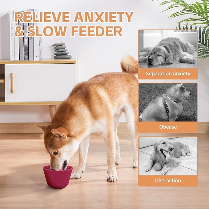 Dog Lick Bowl, Anxiety Relief Silicone Slow Feeder Treat Dispenser, Anti-chocking Pet Dish, Non-Slip Licking Bowl Interactive Entertainment Dog Puzzle Toy for Small & Medium-Dark Red