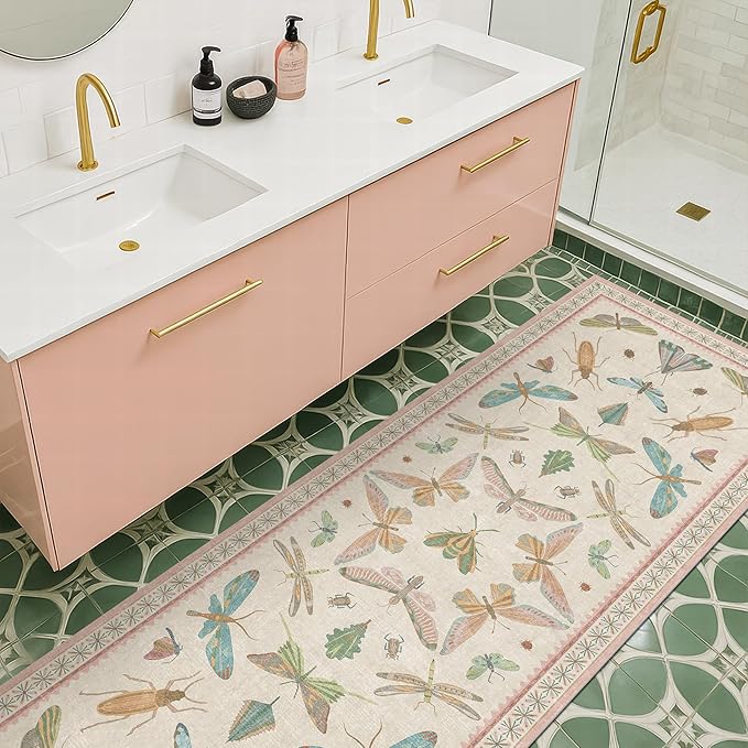 Boho Bathroom Runners - 2x6 Pink Rug for Kitchen, Entry Way, Hallway, Non Slip Washable Butterfly Insect Print Home Decor
