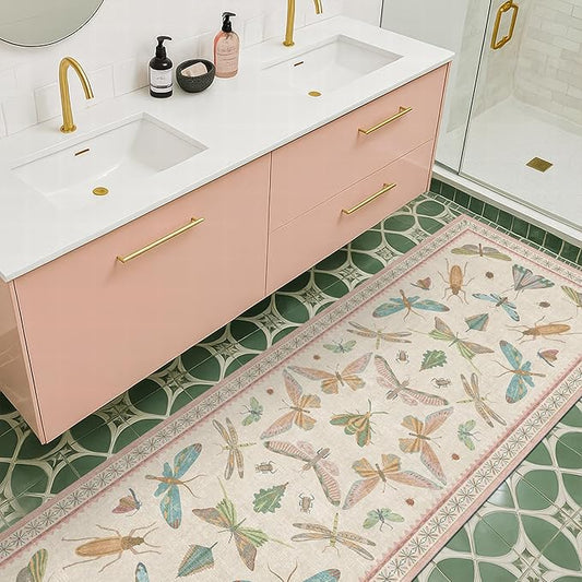 Boho Bathroom Runners - 2x6 Pink Rug for Kitchen, Entry Way, Hallway, Non Slip Washable Butterfly Insect Print Home Decor