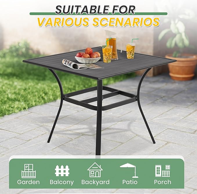LVUYOYO Outdoor Patio Dining Table, Metal Square Table with Umbrella Hole, All-Weather Furniture for Backyard, Garden,Balcony,Porch (Black)