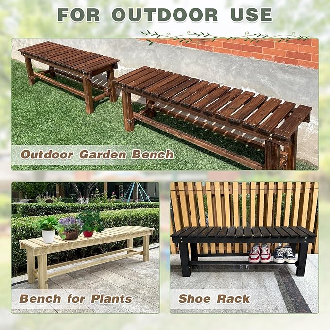 Outdoor Garden Bench, 2-Person Wood Patio Bench Weatherproof Outdoor Backless Bench, Anti-Corrosion and Anti-Rust Garden Benches for Garden Lawn Porch Park Backyard (Carbonized,35.5''/90cm)